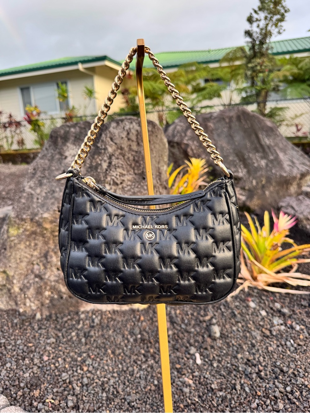 Michael Kors Black Quilted MK Monogram Chain Shoulder Bag